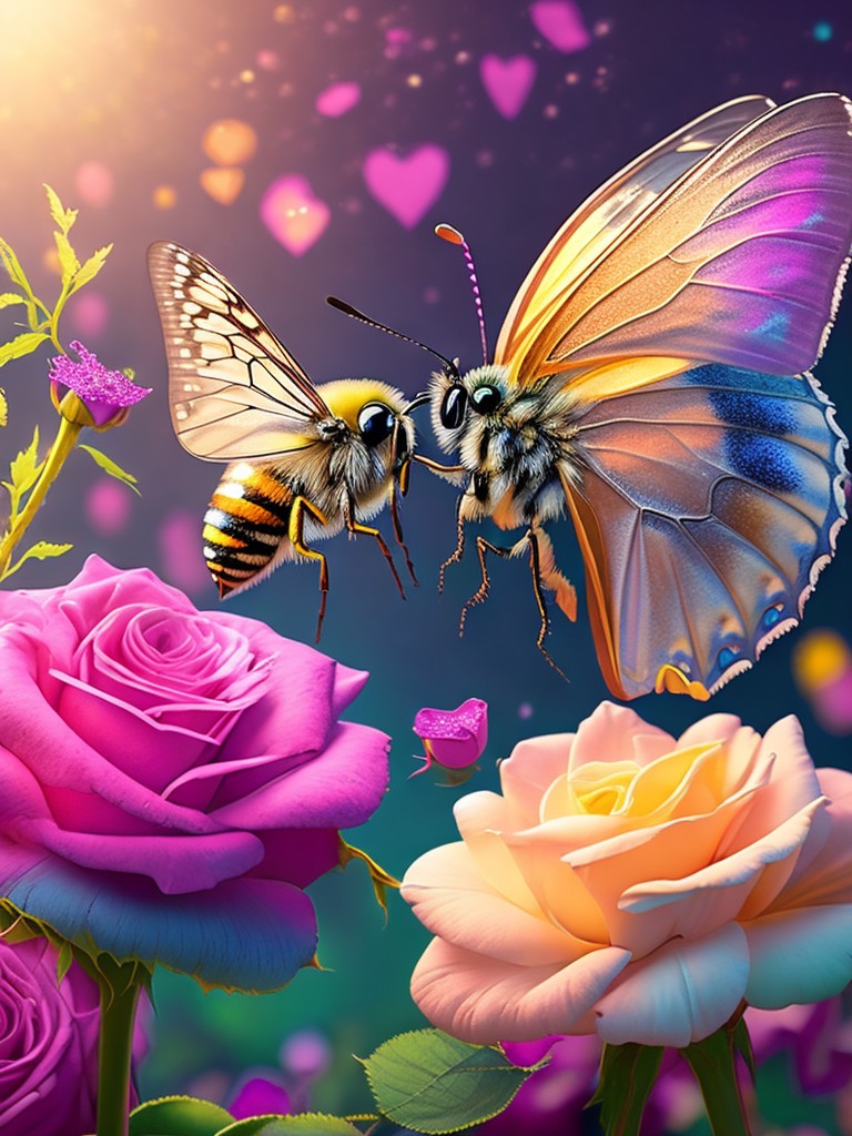  A romantic scene of a butterfly and a bee kissing on a rose, with hearts and sparkles in the air; Romance, Fantasy; Watercolor, Glitter; Soft, warm lighting; Pastel colors with pink and yellow; sweet, lovely; by Beatrix Potter, Mary Blair, and Hayao Miyazaki; Unreal engine 5