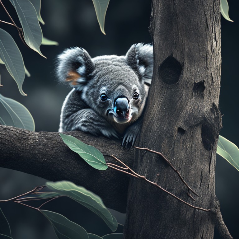  A sleepy baby koala napping in a eucalyptus tree; Cute, Relaxed; Charcoal, Pastel; Soft, dappled lighting; Monochromatic with shades of gray; Adorable, Peaceful; by Henri Rousseau, John James Audubon, and Albrecht Dürer; Unreal engine 5