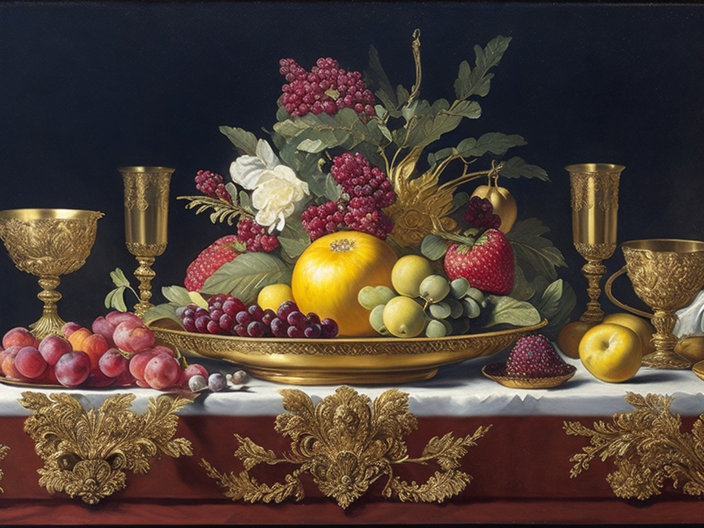 A still life painting of a table set for a luxurious feast, with overflowing fruits and golden cutlery; Baroque, Rococo, Neoclassical; Oil, Watercolor; Bright, dramatic lighting; Rich, warm colors with hints of gold; elaborate, detailed; by Jean-Baptiste-Siméon Chardin, Francisco de Zurbarán, and Willem Claeszoon Heda; Unreal engine 5