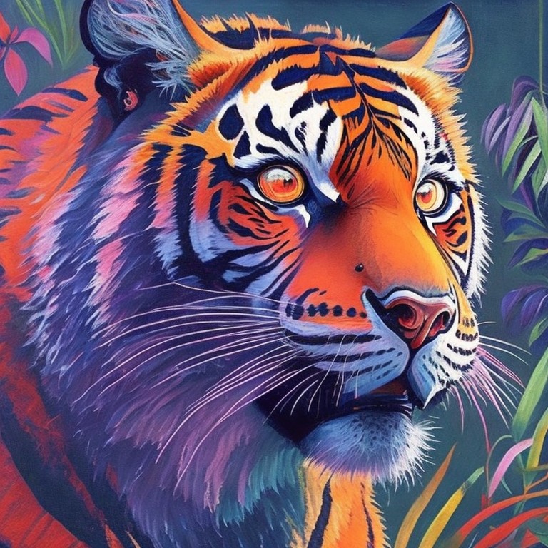 A stunning painting of a fierce tiger, depicted through bold brushstrokes and strong color contrasts to emphasize its power and beauty; Expressionism, Wildlife; Oil, Acrylic; Bright, dramatic lighting; A palette of oranges, blacks, and whites; powerful, striking, dynamic; by Franz Marc, Henri Rousseau, and Wassily Kandinsky; Unreal engine 5