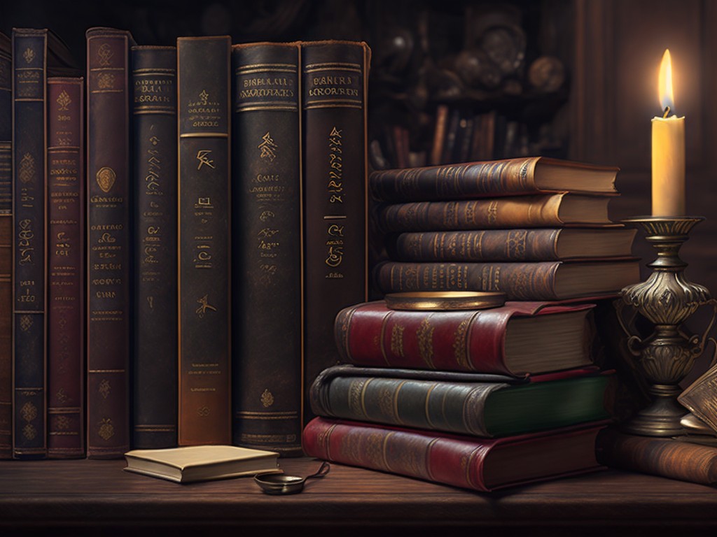 A stunning still life painting of an old, rustic bookshelf filled with leather-bound books, antique items, and a flickering candle; Realism, Impressionism; Oil, Acrylic; Warm, dim lighting; Monochromatic with sepia tones; elegant, intricate, detailed; by Johannes Vermeer, Rembrandt, and Edward Hopper; Unreal engine 5