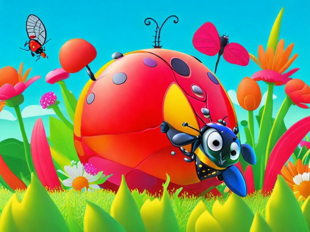  A stylized interpretation of a ladybug flying over a field of flowers, with exaggerated shapes and colors; Stylized, Children’s; Digital, Vector; Bright, cheerful lighting; Primary colors with red and yellow; happy, playful; by Eric Carle, Dr. Seuss, and Pixar; Unreal engine 5