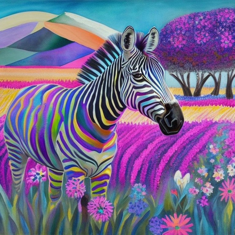  A stylized painting of a zebra with rainbow stripes in a field of flowers; Joy, Wonder; Stylized, Abstract; Watercolor, Ink; Afternoon, soft light; Multicolored with gradient effect; vibrant, expressive; by Henri Matisse, Wassily Kandinsky, and Paul Klee; Unreal engine 5