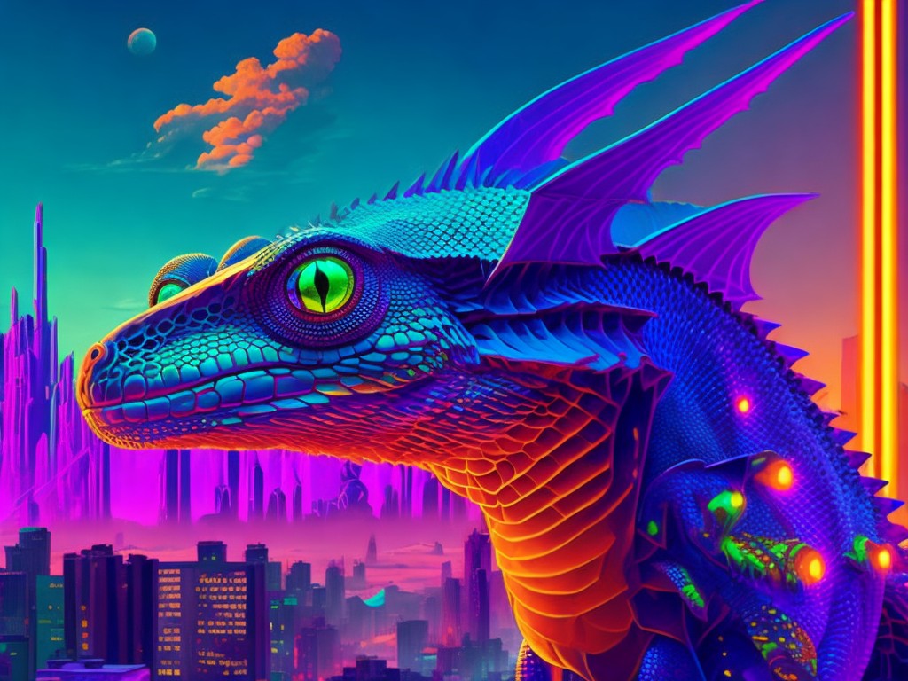 A surreal digital painting of a lizard in a dystopian cityscape, using geometric shapes and neon colors to create a futuristic, sci-fi atmosphere; Surrealism, Sci-fi; Digital, Mixed media; Dark, artificial lighting; Vibrant, glowing colors; complex, futuristic; by Salvador Dali, Rene Magritte, and Moebius; Unreal engine 5
