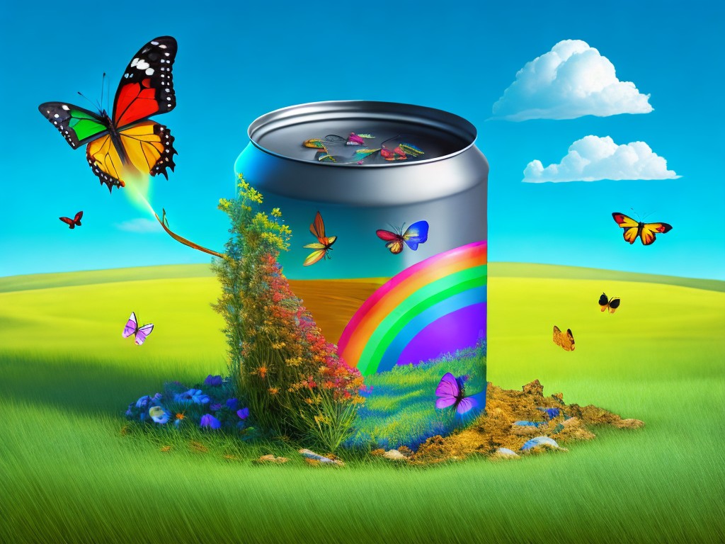 A surreal digital painting of a metal can with worms, flowers and butterflies coming out of it on a grassy field with a rainbow in the sky; Life, Nature; Contemporary still life, Surrealism; Digital art, Photomanipulation; Bright, sunny lighting; Colorful colors with contrasts and gradients; surprising, beautiful; by Salvador Dali, Rene Magritte, and Erik Johansson; Unreal engine 5