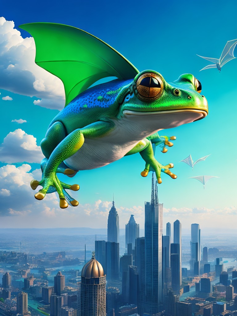  A surrealistic scene of a frog with wings flying over a city, with skyscrapers and clouds in the background; Surrealism, Fantasy; Oil, Digital; Bright, contrasted lighting; Cool colors with blue and green; whimsical, bizarre; by Salvador Dali, Rene Magritte, and Marc Chagall; Unreal engine 5