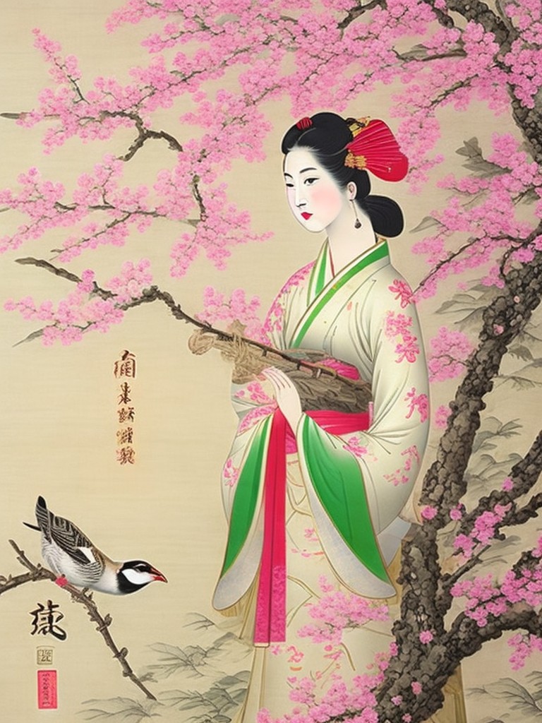 A traditional Chinese painting of a beautiful graceful woman with a beautiful face, a slender figure and a gorgeous dress, the background is the natural scenery of cherry blossom tree with a pair of sparrows on a branch; Love, Happiness; Outline and color, Bihua; Bright, warm lighting; Pink and white with splashes of green and brown; lovely, cheerful; by Li Di, Lin Liang, and Wu Guanzhong; Unreal engine 5