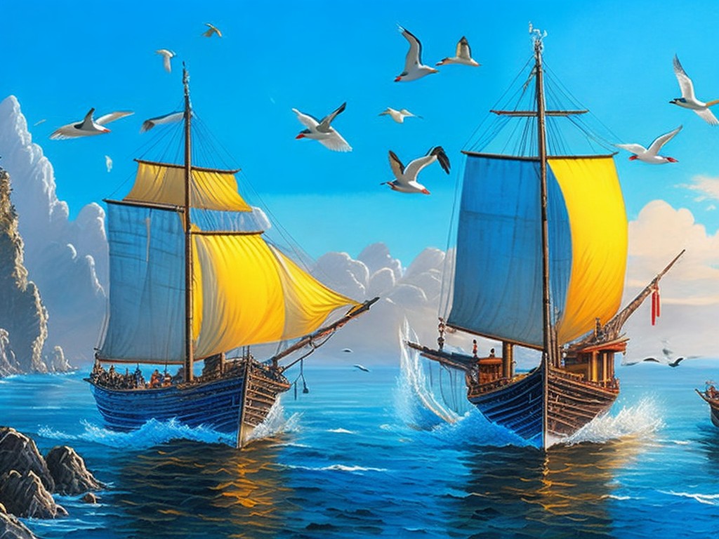A traditional Chinese painting of a vast sea with fishing boats and seagulls; Life, Freedom; Xieyi, Freehand brushwork; Warm, sunny lighting; Blue and white with touches of yellow; lively, spacious; by Fan Kuan, Dong Yuan, and Ma Yuan; Unreal engine 5