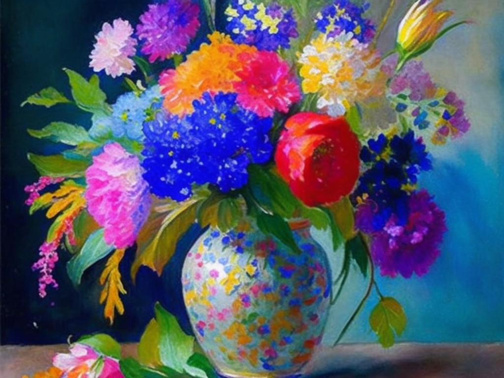 A watercolor painting of a colorful bouquet of flowers in a vase; Impressionism; Watercolor, Wet-on-wet; Soft natural lighting; Bright and contrasting colors; whimsical, light, delicate; by Claude Monet, Pierre-Auguste Renoir, and Mary Cassatt; Unreal engine 5