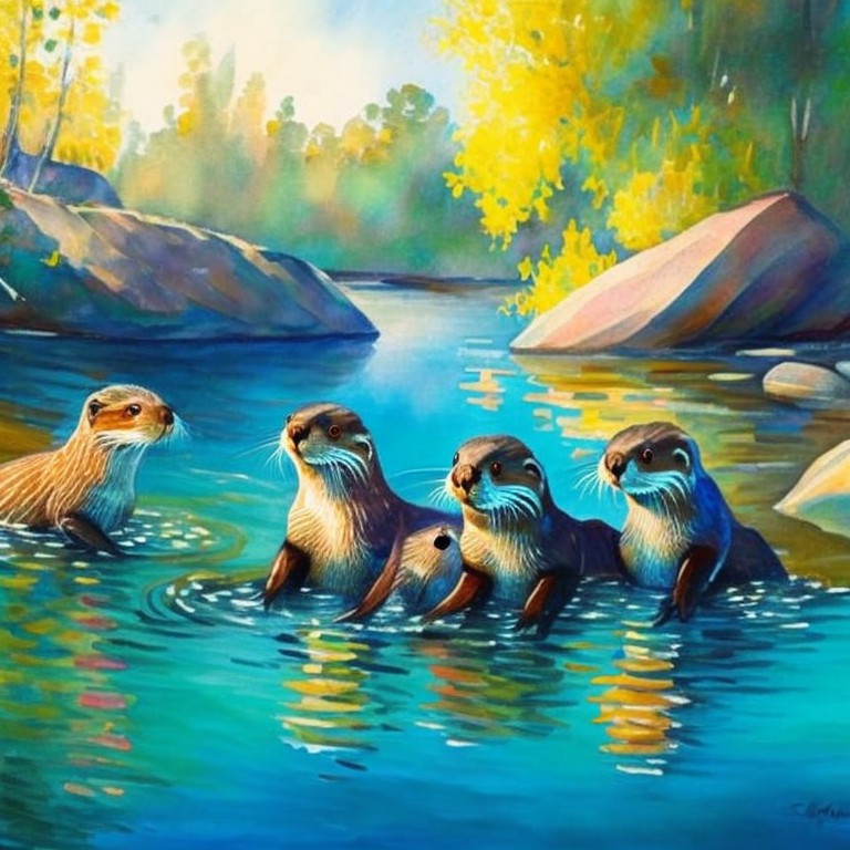  A watercolor painting of a playful group of otters in a river; Impressionism, Expressionism; Watercolor, Wet-on-wet technique; Bright, natural lighting; Cool, earthy tones; beautiful, serene, flowing; by Claude Monet, Paul Cezanne, and Wassily Kandinsky; Unreal engine 5