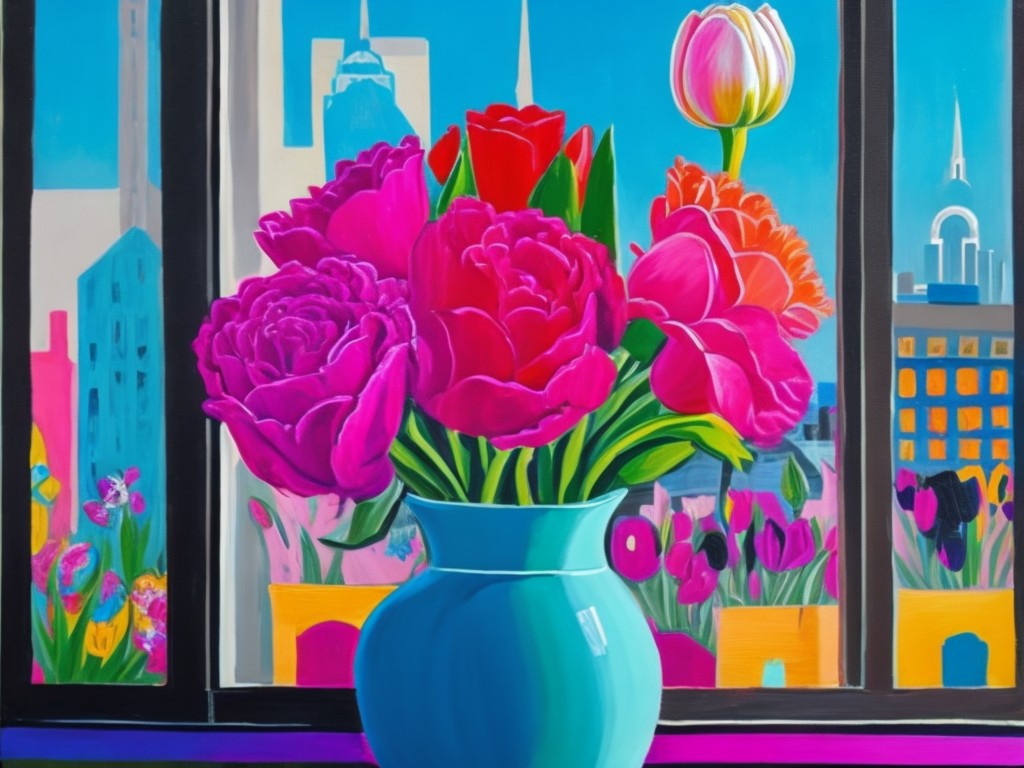 A whimsical acrylic painting of a vase with a bouquet of roses, tulips and daisies on a windowsill overlooking a cityscape; Romance, Joy; Classical still life, Pop art; Acrylic on paper, Collage; Bright, natural lighting; Vibrant colors with patterns and textures; cheerful, lovely; by Andy Warhol, Roy Lichtenstein, and Henri Matisse; Unreal engine 5