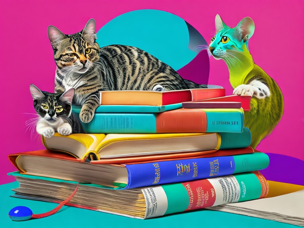 A whimsical collage of a pile of books with a cat, a mouse and a cheese on top of them; Reading, Humor; Contemporary still life, Pop art; Collage of comic strips, Collage; Bright, artificial lighting; Vibrant colors with patterns and textures; funny, cute; by Andy Warhol, Roy Lichtenstein, and Jeff Koons; Unreal engine 5