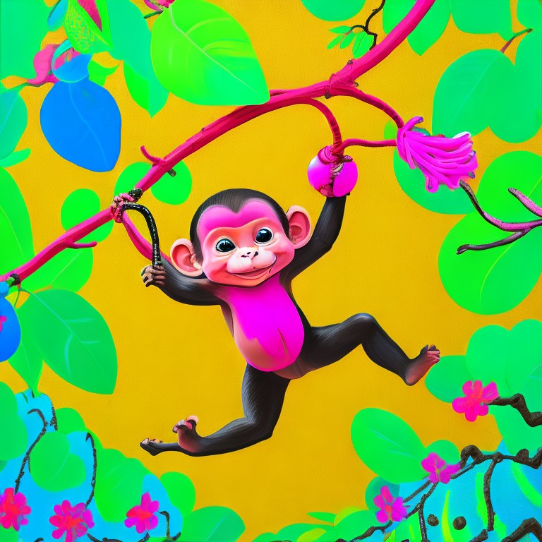  A whimsical painting of a playful baby monkey swinging from a vine in a jungle; Fantasy, Pop Art; Acrylic, Digital Painting; Bright, natural lighting with a vibrant green background; Bold color contrast with black, white, and pops of pink; lively, mischievous; by Keith Haring, Jeff Koons, and Takashi Murakami; Unreal engine 5