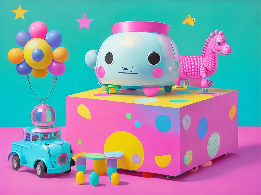 A whimsical pastel painting of a metal box with a toy car, a robot and a dinosaur on a checkered floor; Childhood, Imagination; Classical still life, Kawaii; Pastel on paper, Blending; Bright, natural lighting; Pastel colors with cute shapes and faces; playful, adorable; by Takashi Murakami, Yoshitomo Nara, and Lisa Frank; Unreal engine 5