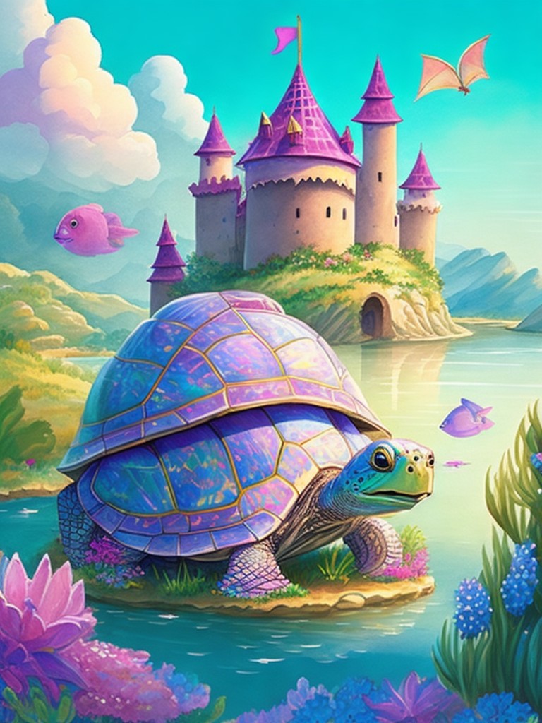  A whimsical scene of a turtle with a castle on its shell, with a moat and a drawbridge in the foreground; Fantasy, Children’s; Watercolor, Ink; Soft, dreamy lighting; Pastel colors with pink and blue hues; magical, cute; by Beatrix Potter, Mary Blair, and Hayao Miyazaki; Unreal engine 5
