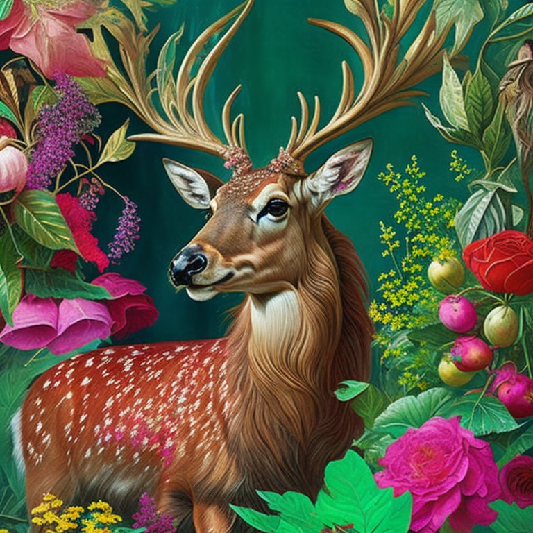 An elaborate Baroque-style painting of a deer surrounded by intricate floral and plant details, with a dreamy and mystical quality; Baroque, Romanticism; Oil paint, Watercolor; Soft and diffused lighting with bright highlights; Pastel colors with pops of deep greens and reds; ethereal, gossamer; by Frans Snyders, Peter Paul Rubens, and Caspar David Friedrich; Unreal engine 5