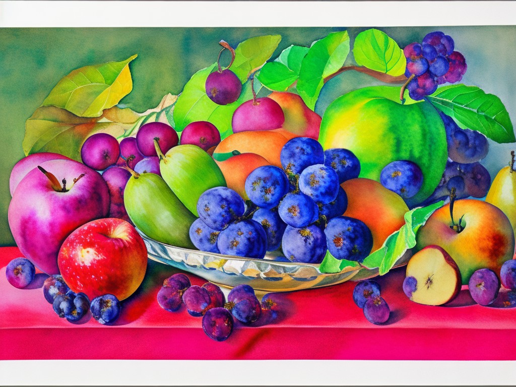 An elaborate watercolor painting of a colorful fruit arrangement featuring apples, pears, and grapes on a silver platter; Realism, Impressionism; Watercolor, Acrylic; Soft, natural light with subtle shadows; Bold, contrasting colors with shades of red, green, and purple; intricate, detailed, beautiful; by Henri Matisse, Paul Cézanne, and Gustave Courbet; Unreal engine 5