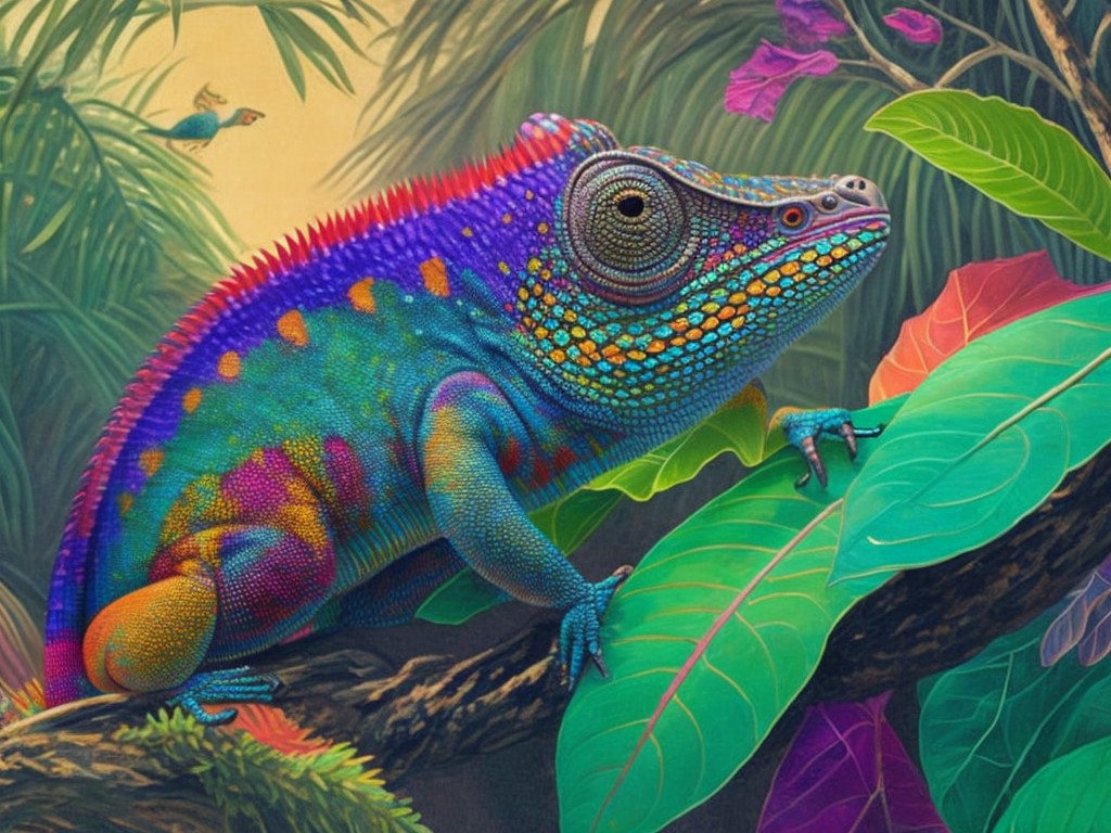  An intricate painting of a chameleon in a jungle setting, capturing its unique color-changing ability and distinctive tongue; Realism, Impressionism; Oil, Watercolor; Bright, natural lighting; Vivid, contrasting colors; beautiful, detailed; by Henri Rousseau, John James Audubon, and Frida Kahlo; Unreal engine 5