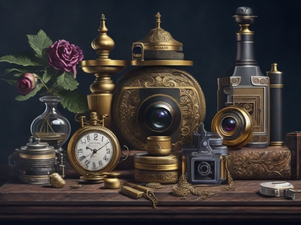 An intricate still life painting of antique objects like an old pocket watch, a quill pen, and a vintage camera; Realism, Baroque; Oil, Acrylic; Warm, natural lighting; Earthy tones with pops of metallic objects; nostalgic, sophisticated; by Rachel Ruysch, Jean-Baptiste Simeon Chardin, and Diego Velazquez; Unreal engine 5