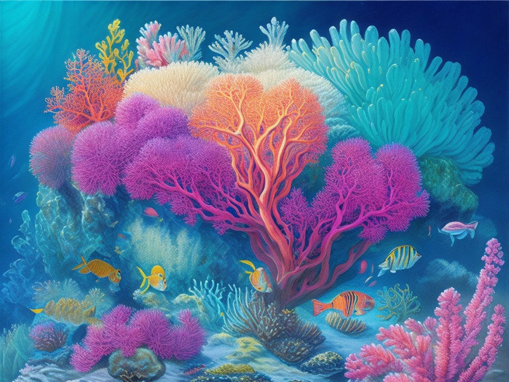 An otherworldly watercolor painting of a coral reef teeming with vibrant sea life, with a soft, diffused lighting; Fantasy, Nature; Watercolor, Gouache; Soft, diffused lighting with glowing highlights; Iridescent colors with shades of blue, green, and pink; ethereal, mystical, dreamlike; by Ernst Haeckel, James Audubon, and Takashi Murakami; Unreal engine 5