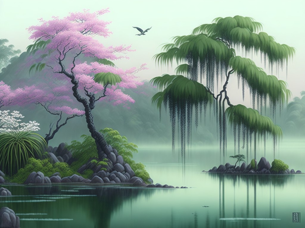 A Chinese landscape painting featuring a tranquil pond with a weeping willow tree and lotus flowers; Guohua, Shanshui style; Ink and watercolor; Soft, diffused lighting; Monochromatic with shades of green and pink; serene, elegant, detailed; by Ma Yuan, Xia Gui, and Wang Meng; Unreal Engine 5