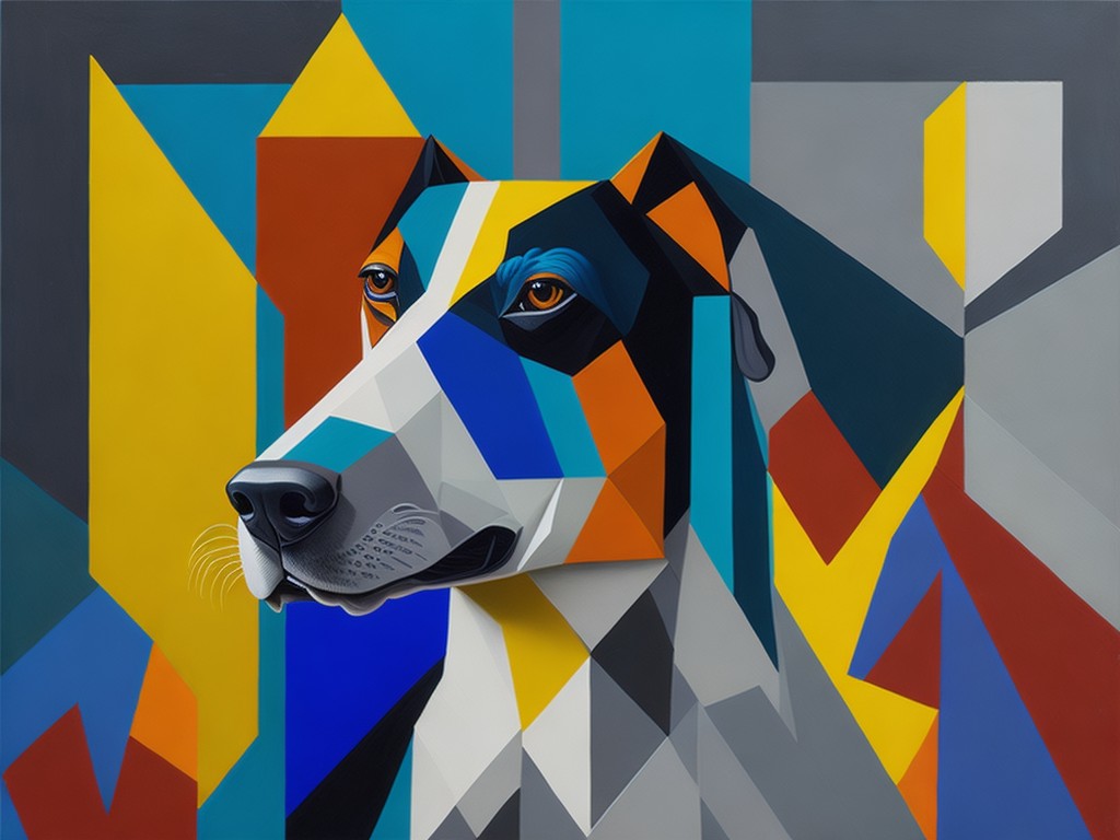 A abstract and geometric painting of a dog made from shapes and lines; Modern, Creative; Abstract Art, Cubism; Acrylic, Collage; Bright, artificial lighting; Primary colors with contrast; innovative, playful; by Piet Mondrian, Pablo Picasso, and Paul Klee; Unreal engine 5