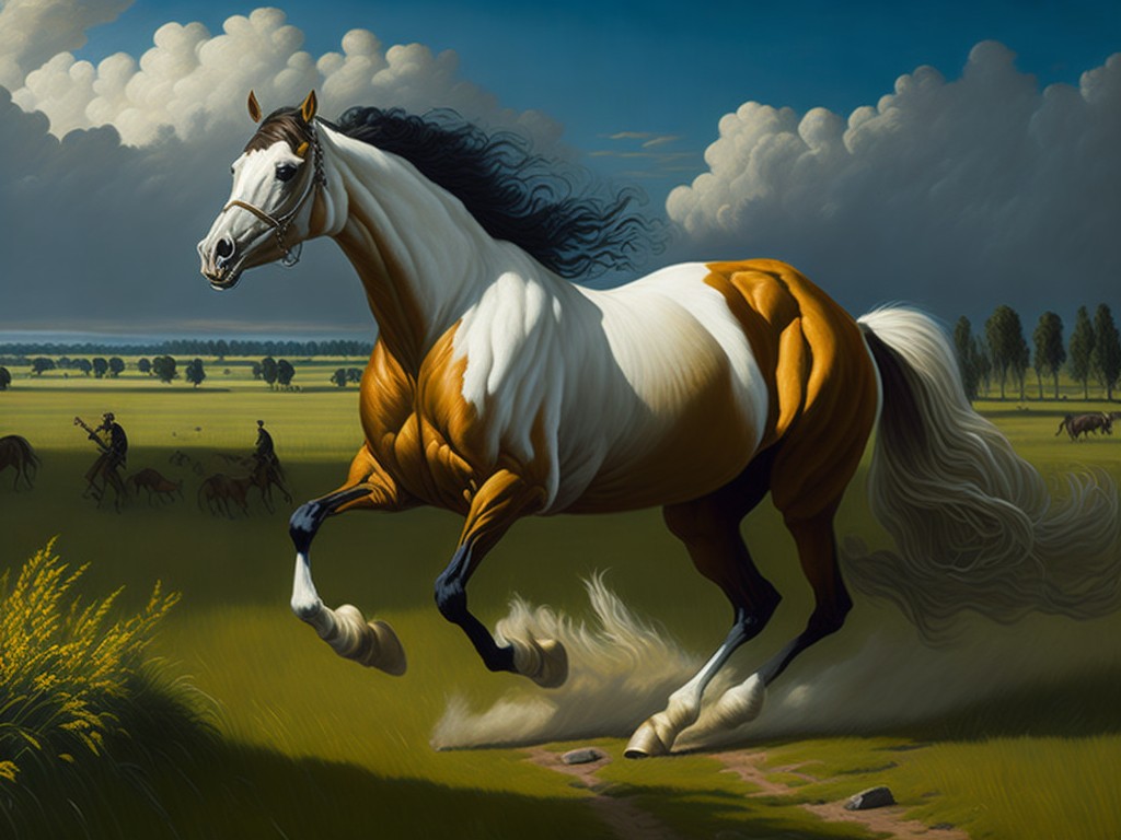 A classic and beautiful painting of a horse galloping in a field; Noble, Free; Classicism, Romanticism; Oil, Tempera; Natural, soft lighting; Earthy colors with harmony; proud, spirited; by Leonardo da Vinci, Theodore Gericault, and George Stubbs; Unreal engine 5