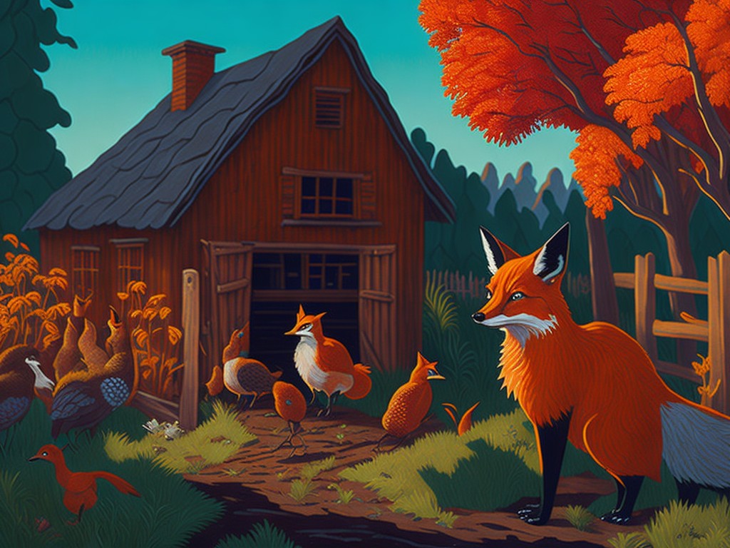 A clever fox sneaking in a farm with chickens and geese; Cunning, Humor; Folk art, Illustration; Wood carving, Gouache; Warm, cozy lighting; Earthy colors with patterns and textures; amusing, witty, charming; by Grandma Moses, Beatrix Potter, and Wilhelm Kuhnert; Unreal engine 5