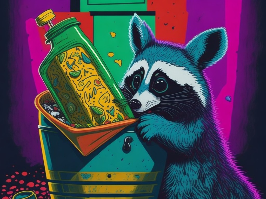 A cozy raccoon rummaging in a trash can with pizza and soda; Humor, Cuteness; Pop art, Illustration; Acrylic, Marker; Bright, urban lighting; Primary colors with black and gray; humorous, cute, cozy; by Andy Warhol, Roy Lichtenstein, and Norman Rockwell; Unreal engine 5