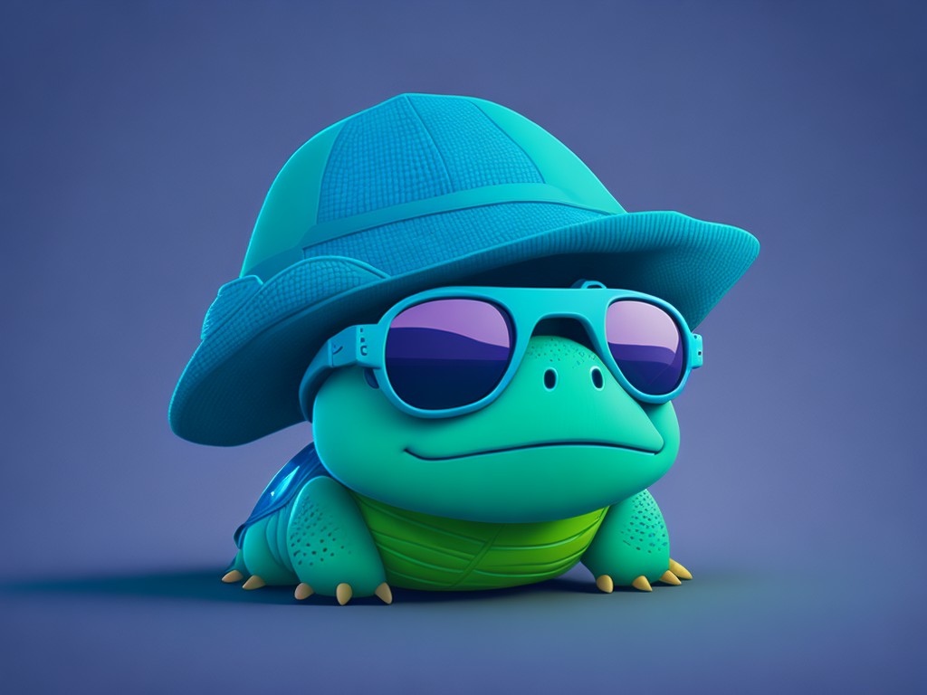 A cute and funny illustration of a turtle wearing a hat and sunglasses; Humor, Adorable; Cartoon, Kawaii; Digital, Vector; Bright, cheerful lighting; Green and blue colors with gradient; hilarious, cuddly; by Walt Disney, Sanrio, and Charles Schulz; Unreal engine 5