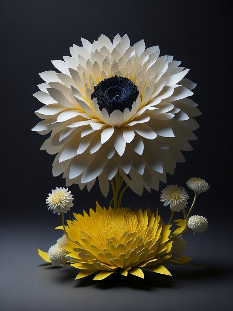 A delicate and elegant paper cutting sculpture of a chrysanthemum flower made of paper with different cuts and shapes; Simplicity, Craftsmanship; Paper cutting art, Paper cutting; Paper cutting, Paper cutting technique; Soft, ambient lighting; Yellow and white dominant colors with black background; delicate, elegant; by Rob Ryan, Su Blackwell, and Bovey Lee; Unreal engine 5