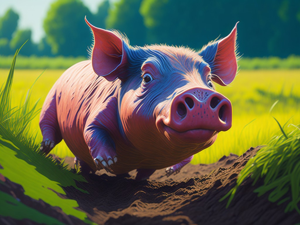 A expressive digital painting of a pig rolling in the mud; Humor. Happiness; Expressionism. Pet portrait; Digital. 3D painting; Warm. natural lighting; Desaturated. cool colors; humorous. happy; by Vincent van Gogh. David Hockney. and Cassius Marcellus Coolidge Unreal engine 5