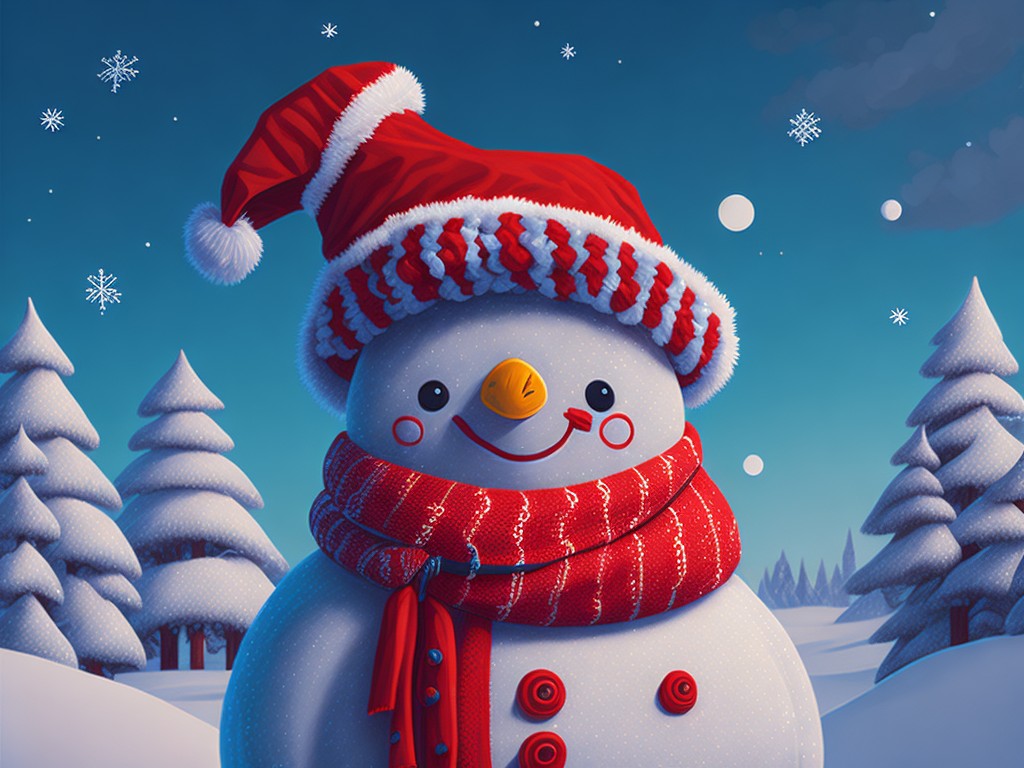 A fun and festive illustration of a snowman wearing a scarf and a hat; Holiday, Joy; Cartoon, Folk Art; Digital, Paper; Bright, warm lighting; Red and white colors with pattern; merry, cute; by Walt Disney, Grandma Moses, and Eric Carle; Unreal engine 5