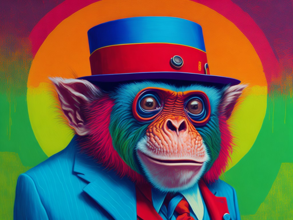 A funny and clever painting of a monkey wearing a suit and a hat; Humor, Satire; Pop Art, Surrealism; Oil, Acrylic; Bright, artificial lighting; Warm colors with pattern; amusing, witty; by Andy Warhol, Rene Magritte, and David Choe; Unreal engine 5