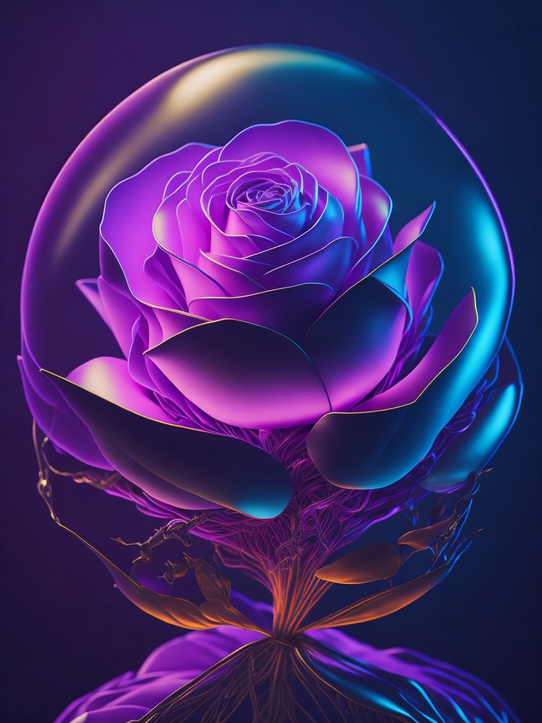 A futuristic digital illustration of a rose with iridescent petals, surrounded by a glowing neon aura; Futuristic; Digital Art, Pop Art; Digital painting, Vector Graphics; Glowing neon lighting; Iridescent with shades of pink and purple; ethereal, iridescent, futuristic; by Takashi Murakami, Jeff Koons, and Ai Weiwei; Unreal engine 5