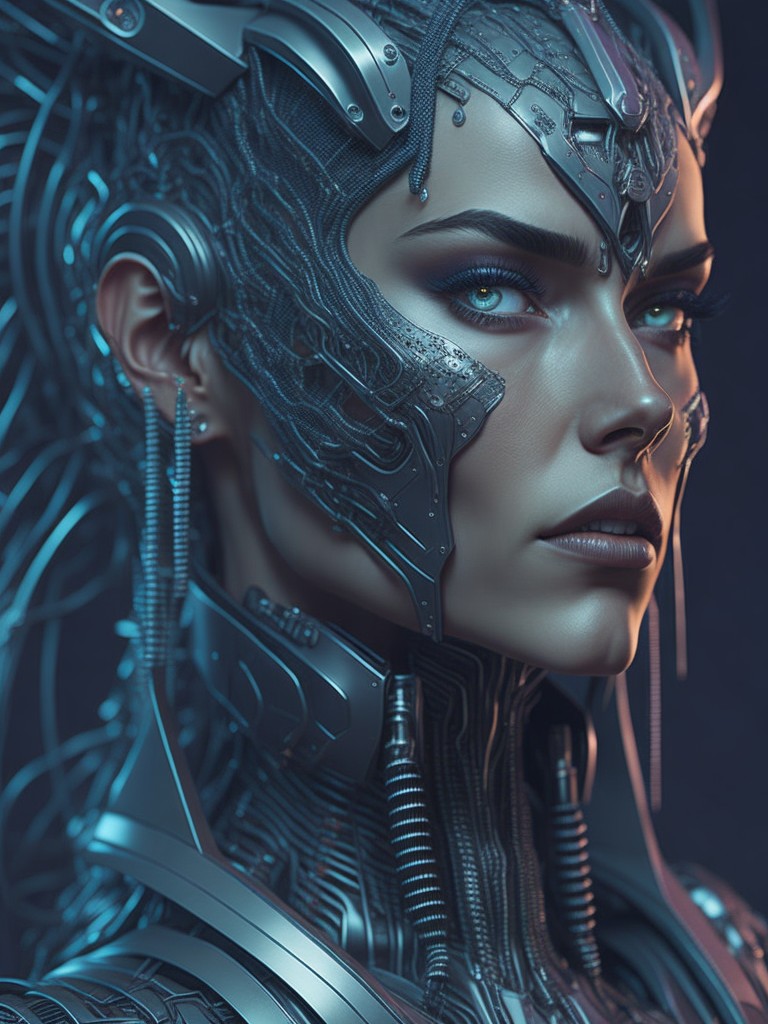  A futuristic portrait of a cyborg with metal implants and wires; Sci-Fi, Technology; Cyberpunk, Biopunk; Digital, Mixed media; Cold, artificial lighting; Metallic colors of silver and gray; futuristic, cool; by H.R. Giger, Masamune Shirow, and William Gibson; Unreal engine 5