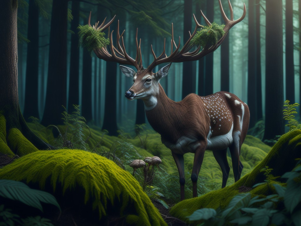A graceful deer grazing in a forest with mushrooms and moss; Elegance, Peace; Romanticism, Arts and crafts; Oil, Tapestry; Soft, natural lighting; Cool colors with green and brown; serene, graceful, gentle; by Caspar David Friedrich, William Morris, and Rosa Bonheur; Unreal engine 5