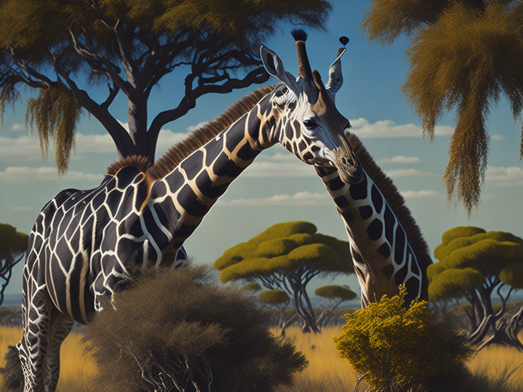 A graceful giraffe stretching its neck in a savanna with acacia and zebras; Elegance, Uniqueness; Art nouveau, Wildlife art; Oil, Collage; Warm, natural lighting; Earthy colors with yellow and brown; elegant, unique, graceful; by Gustav Klimt, Henri Rousseau, and Robert Bateman; Unreal engine 5