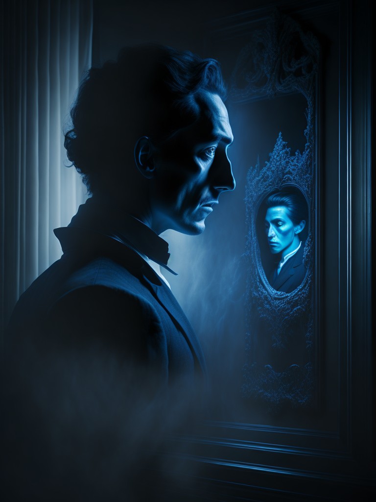 A haunting portrait of a ghostly apparition emerging from a mirror, with a sense of distortion and unease; Surrealism, Horror; Oil, Charcoal; Dimly lit, with a single spotlight; Monochromatic, with a hint of blue; Eerie, unsettling; by Salvador Dali, Francis Bacon, and Edvard Munch; Unreal engine 5