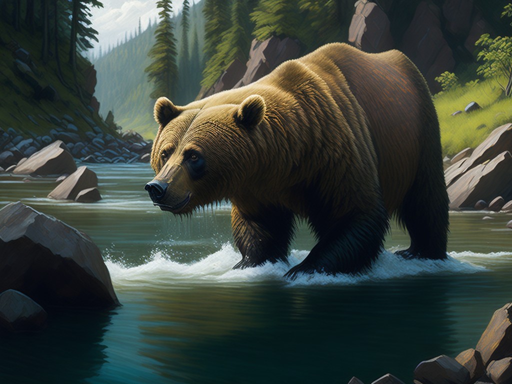 A hungry bear fishing in a river with salmon and rocks; Strength, Hunger; Expressionism, Wildlife art; Oil, Pastel; Cool, natural lighting; Earthy colors with brown and green; powerful, hungry, impressive; by Vincent van Gogh, Franz Marc, and Robert Bateman; Unreal engine 5