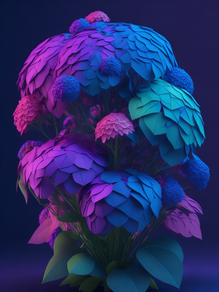 A low poly 3D model of a bouquet of hydrangeas in a colorful garden, with an iridescent texture and glowing neon lighting; Futuristic, Nature; Digital Art, Low Poly Art; 3D modeling, Shading; Glowing neon lighting; Iridescent with shades of blue and pink; colorful, futuristic, iridescent; by Joshua Davis, Andreas Nicolas Fischer, and Zach Lieberman; Unreal engine 5