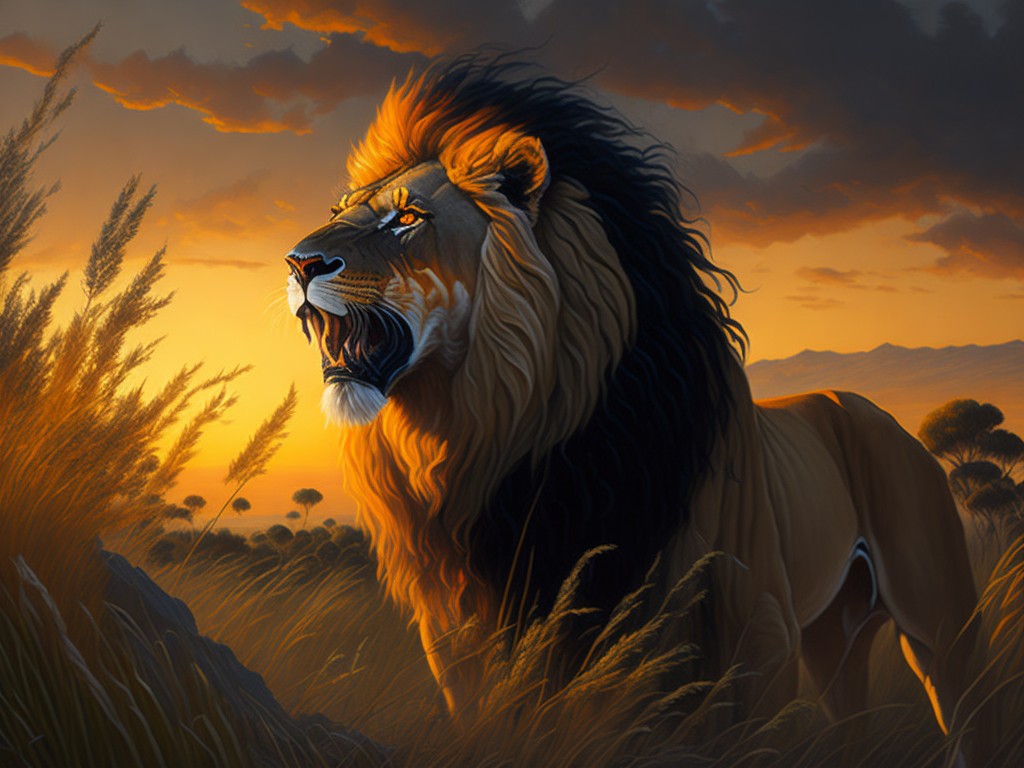 A majestic lion roaring in the savanna at sunset; Power, Pride; Realism, Expressionism; Oil, Pastel; Warm, dramatic lighting; Earth tones with orange accents; stunning, impressive, captivating; by Henri Rousseau, Franz Marc, and Robert Bateman; Unreal engine 5