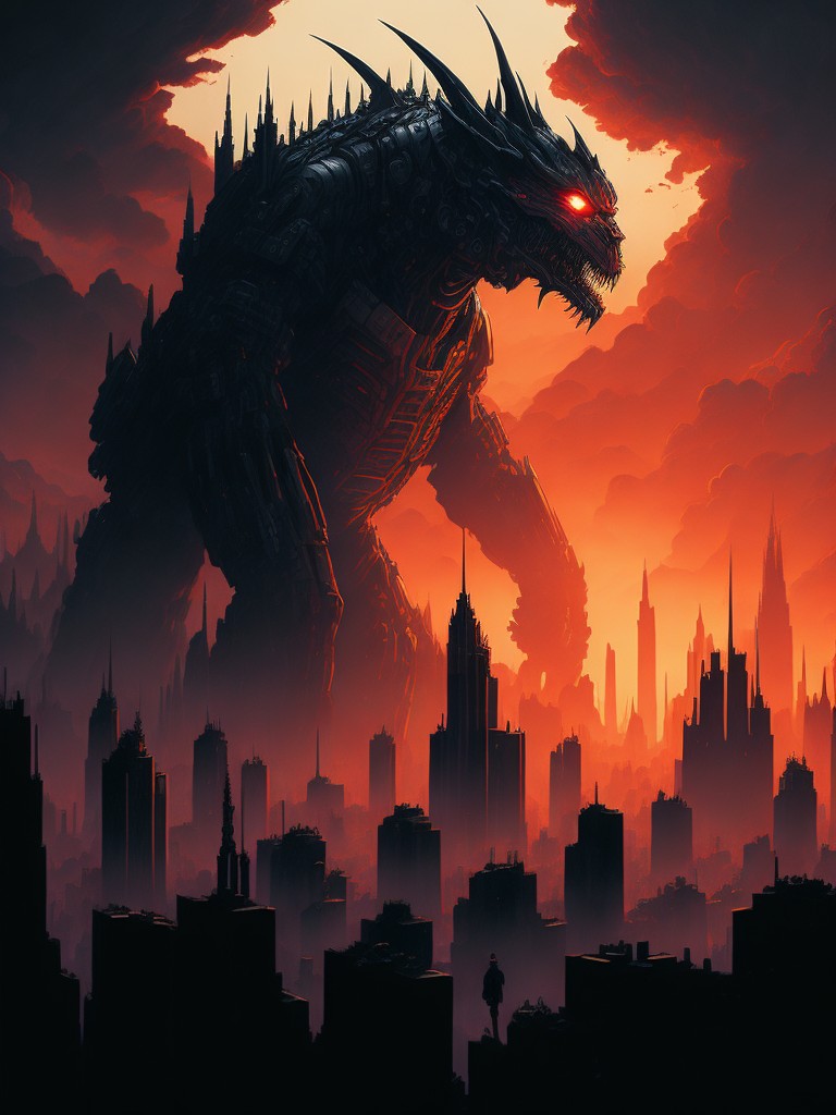 A massive, ancient mech towering over a sprawling metropolis, casting a long, ominous shadow over the city below; Kaiju, Film noir; Digital art, Charcoal drawing; Heavy chiaroscuro, Harsh lighting; Harsh, stark lighting casting deep shadows; Dark, muted tones with flashes of bright red; Brooding, menacing, epic; by Guillermo del Toro, Frank Miller, and Simon Stålenhag; Unreal engine 5