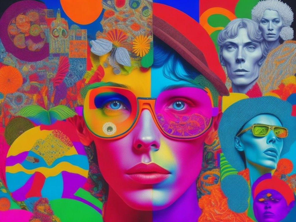  A psychedelic collage of a human face with various objects and patterns; Mind, Creativity; Psychedelia, Pop art; Cut-out, Photomontage; Saturated, distorted lighting; Rainbow colors of red, orange, yellow, green, blue, indigo and violet; trippy, funky; by Andy Warhol, Peter Blake, and Peter Max; Unreal engine 5
