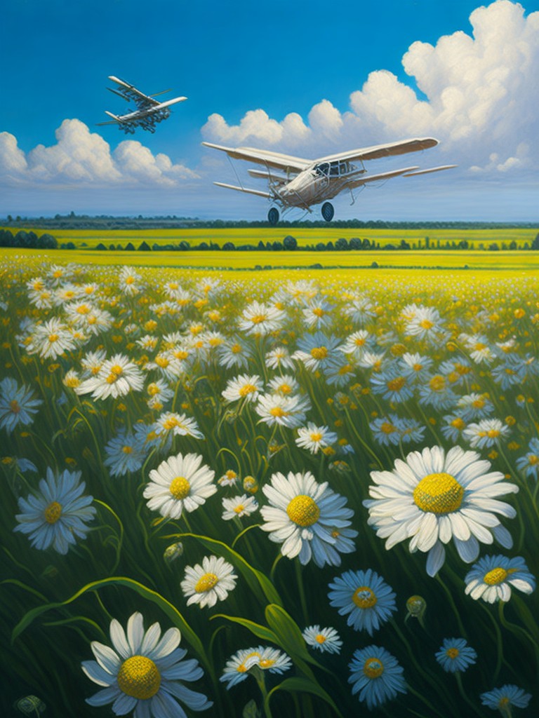A realistic and detailed oil painting of a daisy field with a biplane flying over it and a treasure map hidden in one of the flowers; Adventure, Treasure; Oil painting, Realism; Oil painting, Glazing technique; Bright, sunny lighting; White and yellow dominant colors with green and blue background; realistic, adventurous; by Leonardo da Vinci, Jan van Huysum, and Henri Fantin-Latour; Unreal engine 5
