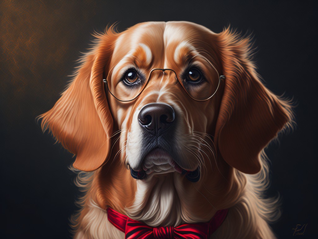 A realistic portrait of a golden retriever wearing a red bow tie and glasses; Cute, Smart; Realism, Photorealism; Oil, Pencil; Bright, natural lighting; Warm colors with contrast; adorable, intelligent; by Leonardo da Vinci, Chuck Close, and Norman Rockwell; Unreal engine 5