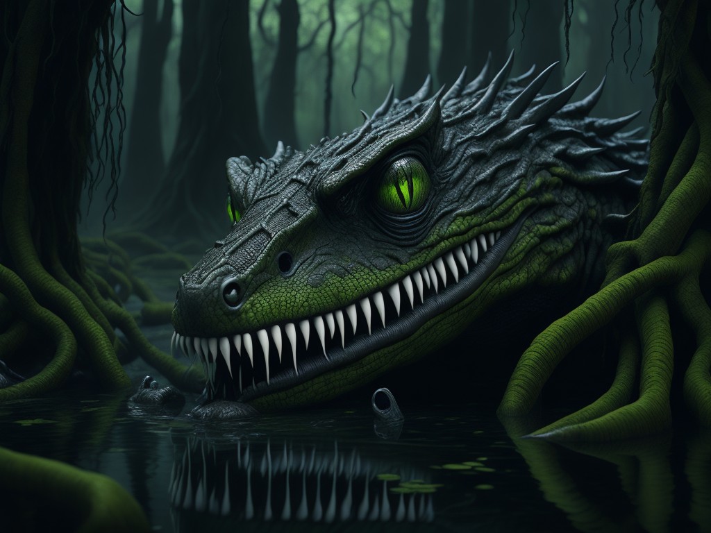 A scary alligator lurking in a swamp with moss and snakes; Fear, Danger; Gothic, Horror art; Charcoal, Ink; Dark, murky lighting; Green and brown tones with red accents; scary, dangerous, menacing; by Edgar Allan Poe, H. R. Giger, and Tim Burton; Unreal engine 5