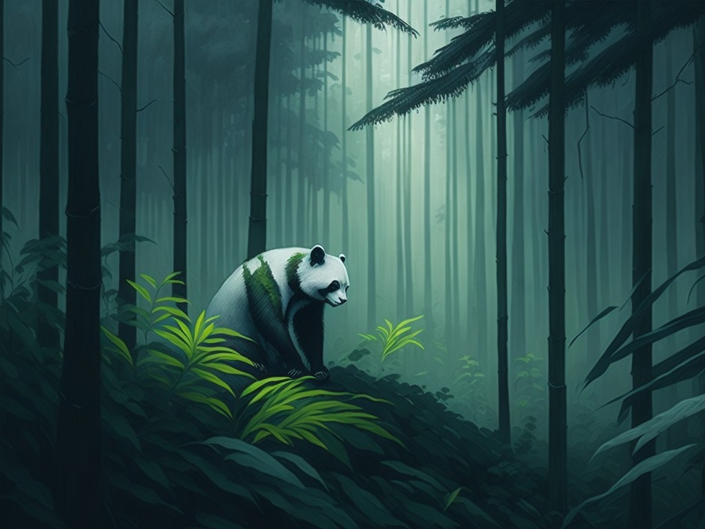 A serene and calming painting of a panda eating bamboo in a misty forest; Zen, Peaceful; Oriental Art, Impressionism; Watercolor, Ink; Soft, diffused lighting; Monochromatic with green accents; tranquil, harmonious; by Hokusai, Claude Monet, and Zhang Daqian; Unreal engine 5