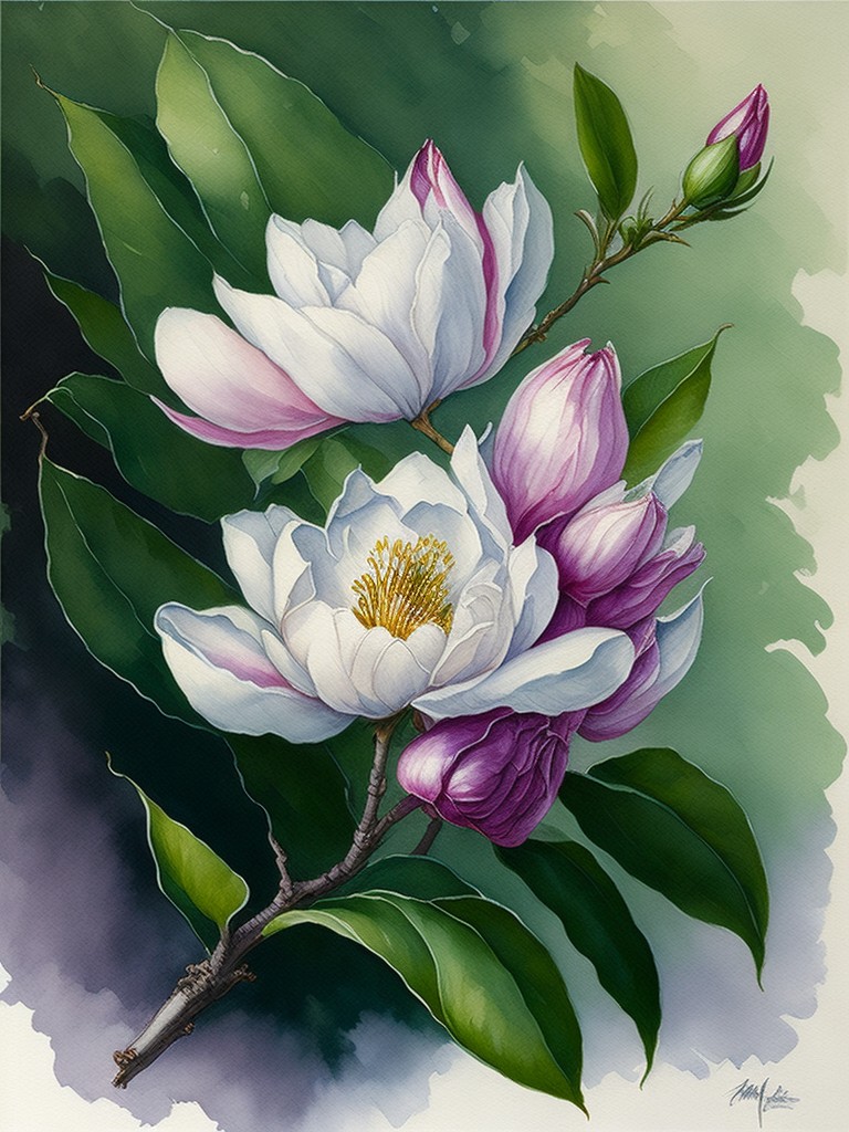 A serene and elegant watercolor painting of a magnolia flower in full bloom with a hummingbird hovering near it; Romance, Nature; Watercolor painting, Impressionism; Watercolor painting, Wet on wet technique; Soft, natural lighting; White and pink dominant colors with green background; serene, elegant; by Claude Monet, Pierre-Auguste Renoir, and Mary Cassatt; Unreal engine 5