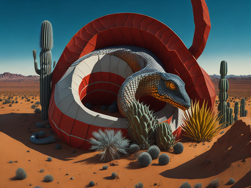 A sneaky snake slithering in the desert with cacti and sand; Danger, Stealth; Art deco, Op art; Metal, Glass; Hot, dry lighting; Neutral colors with black and red; menacing, cunning, hypnotic; by Tamara de Lempicka, Bridget Riley, and MC Escher; Unreal engine 5